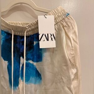 Zara Cream and Blue Abstract Satin Pants